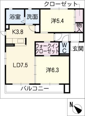 ガーデンヒルズD棟(2LDK/2階)の間取り写真