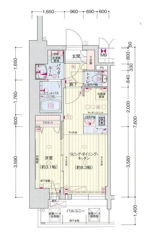 プレサンスSAKAEフロント(1LDK/8階)の間取り写真