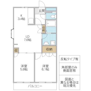 ウエストSIDEひたち野III(2LDK/2階)の間取り写真