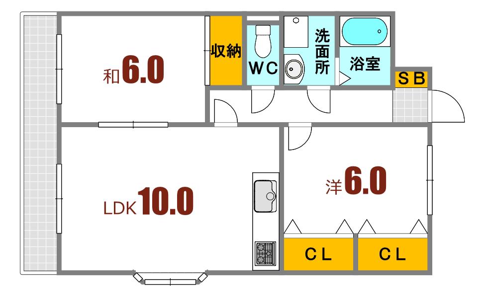 ツインズあまのA棟(2LDK/1階)の間取り写真