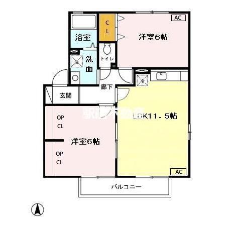 アウルスコートB棟(2LDK/2階)の間取り写真