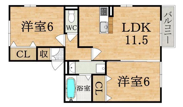 ヴィルヌーブA棟(2LDK/2階)の間取り写真