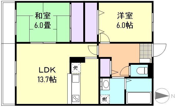フォブールQUA A棟(2LDK/2階)の間取り写真