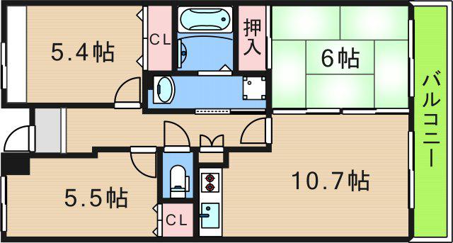 ボヌール御崎(3LDK/6階)の間取り写真