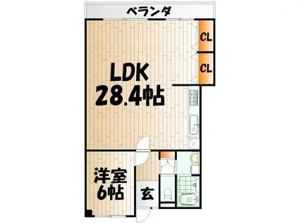 ホワイトキャッスル第二下到津A棟(1LDK/6階)の間取り写真