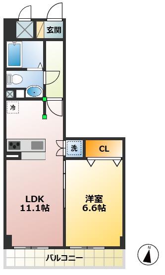 ベース・ブリッジ(1LDK/2階)の間取り写真