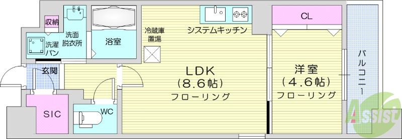レジディア仙台北四番丁プレイス(1LDK/10階)の間取り写真