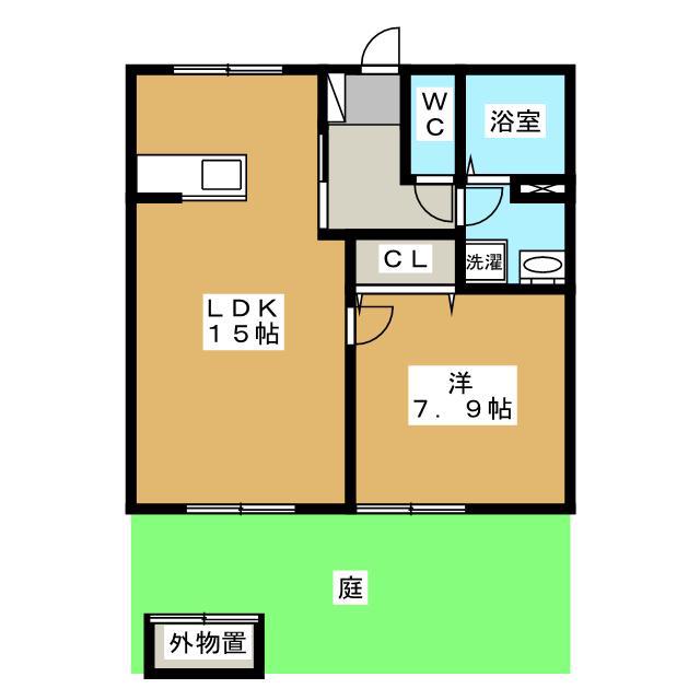 ビューラ南郷北棟(1LDK/1階)の間取り写真