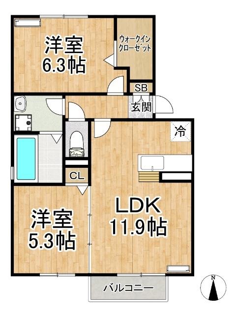 ウイングMH B棟(2LDK/2階)の間取り写真