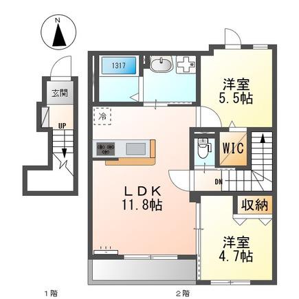 シャンペトル(2LDK/2階)の間取り写真