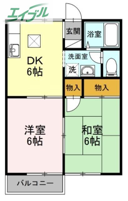 ウインドワードB棟(2DK/1階)の間取り写真