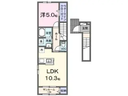グリーン オレンジ C(1LDK/2階)の間取り写真