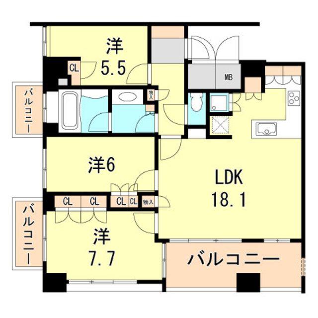ライオンズマンション神戸栄町通(3LDK/12階)の間取り写真