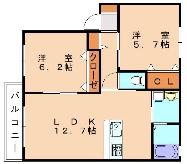 デューク沼口 C棟(2LDK/1階)の間取り写真