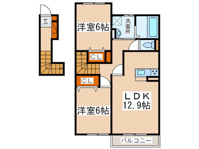越の山ハイツ A(2LDK/2階)の間取り写真