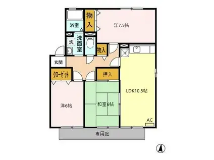 ヴィルヌーブB棟(3LDK/1階)の間取り写真