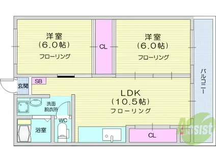 コーポ丸米(2LDK/4階)の間取り写真