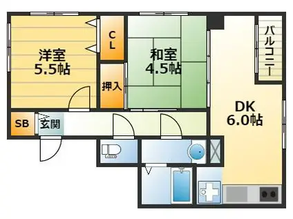 フェリス六甲(2DK/5階)の間取り写真