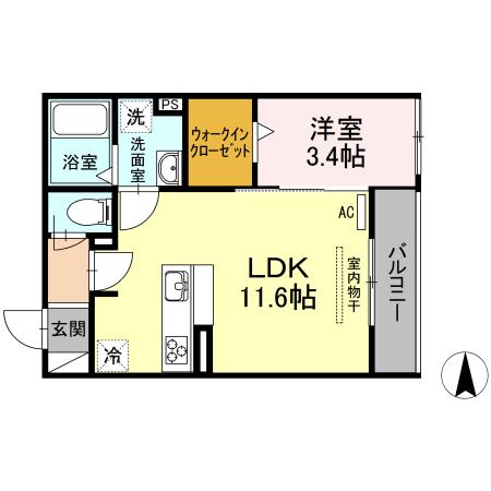 プラティーク安良田(1LDK/2階)の間取り写真