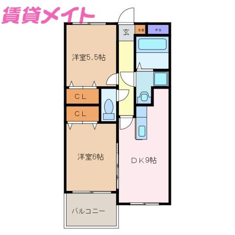 サンヒルズII(2DK/1階)の間取り写真