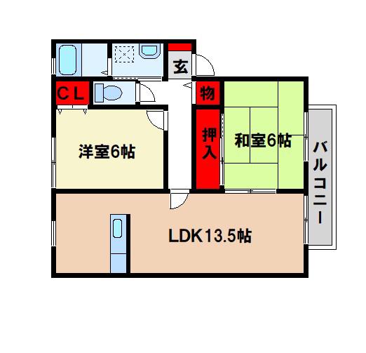 ウェルフェアビレッジ E棟(2LDK/2階)の間取り写真