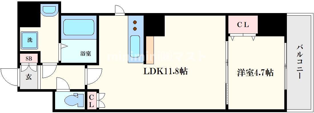 リデア大手前(1LDK/14階)の間取り写真
