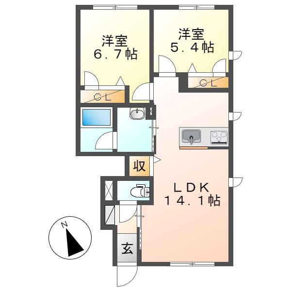 リズ老松 B棟(2LDK/1階)の間取り写真