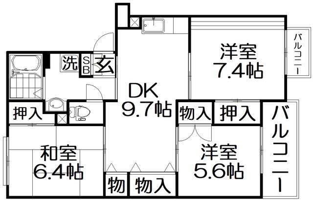 サンライズ星田 B棟(3DK/1階)の間取り写真