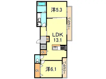 ワン ウェーブ 霞ヶ丘(2LDK/3階)の間取り写真
