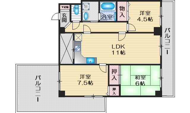 エスポワール緑地(3LDK/4階)の間取り写真