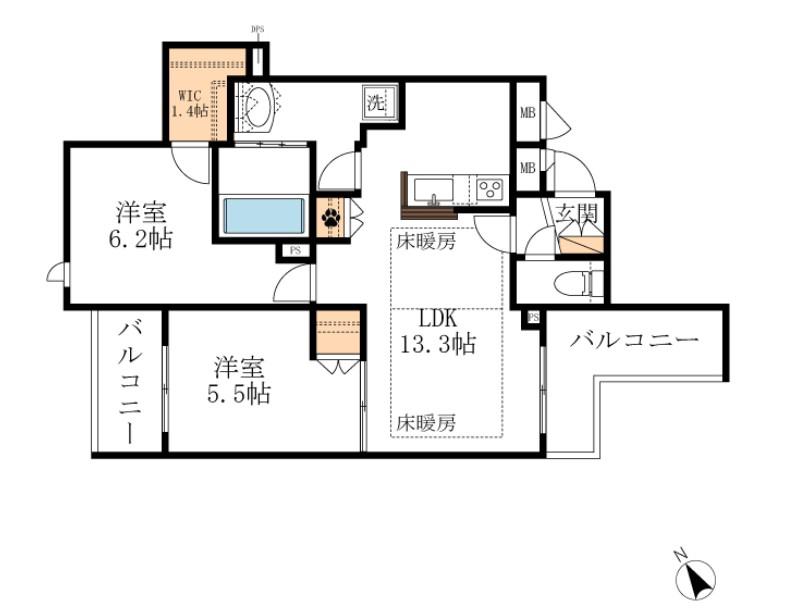ウエスト・ノワール(2LDK/2階)の間取り写真