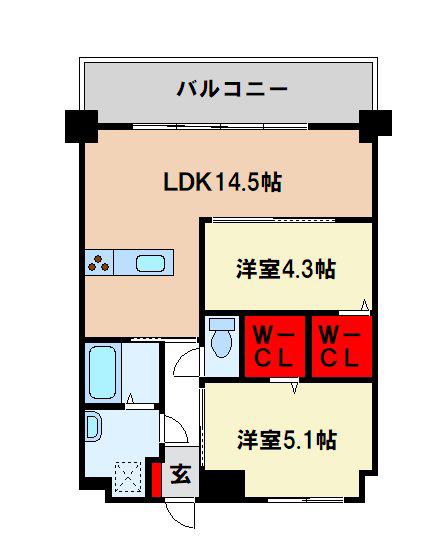 グランセル(2LDK/6階)の間取り写真