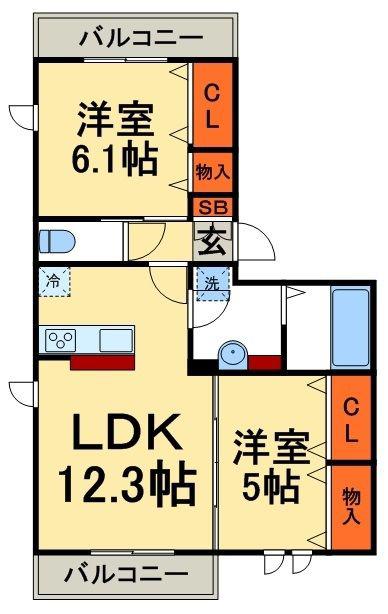 アークヒルズ二宮(2LDK/1階)の間取り写真
