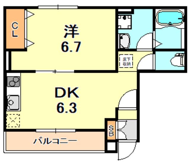 ベルリード塩屋北(1DK/1階)の間取り写真