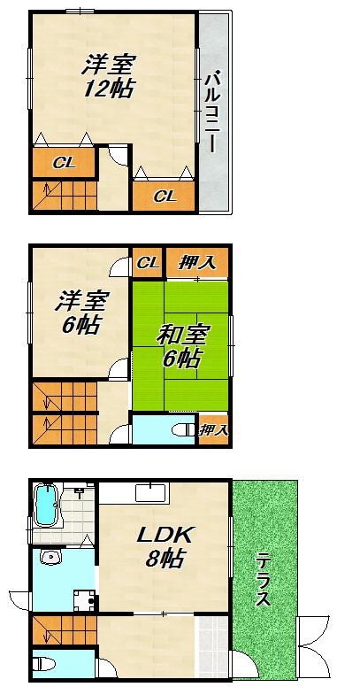 片山ハイツB棟(3LDK/1階)の間取り写真