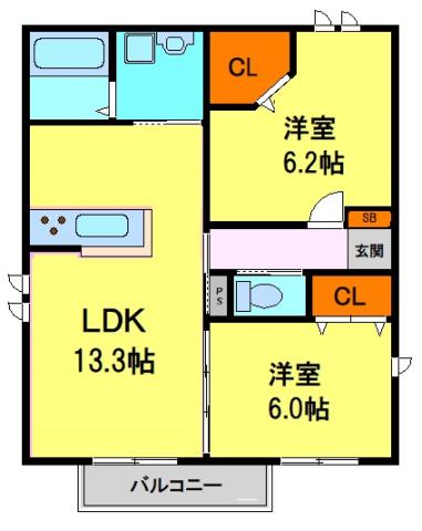 ランバージャック美園(2LDK/3階)の間取り写真