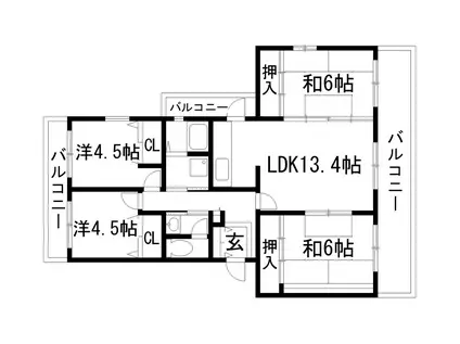 東山台ハイツ205号棟(4LDK/1階)の間取り写真