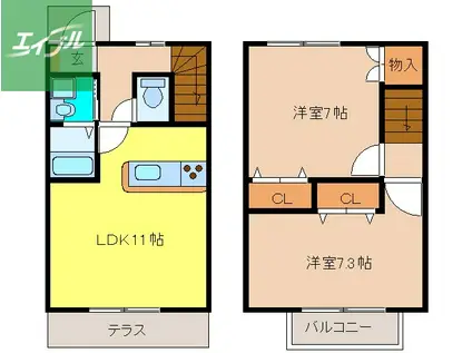 ブルックサイドB棟(2LDK/1階)の間取り写真