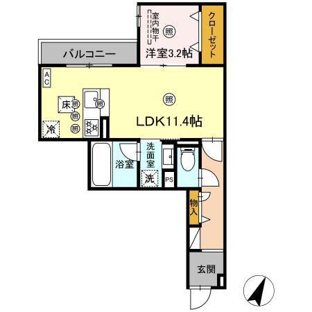 D-AXIS旭 A棟(1LDK/2階)の間取り写真