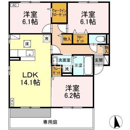 ボヌール・ヒルズ市名坂C(3LDK/2階)の間取り写真