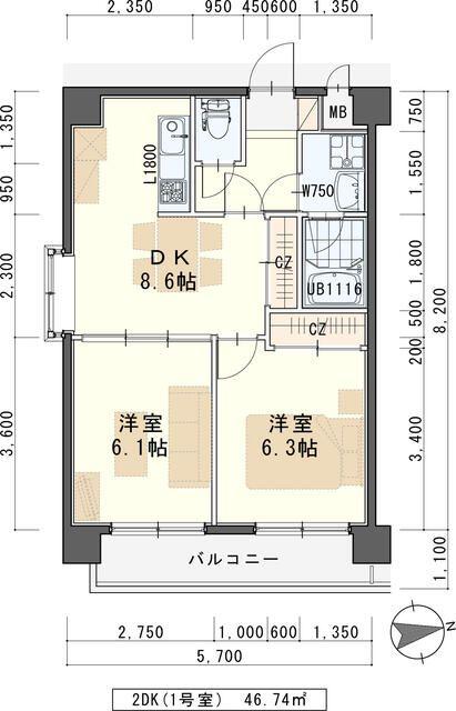 ヴィンテージ北山(2DK/5階)の間取り写真