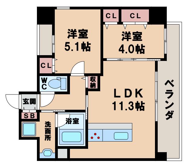 EUPTELEA天王寺(2LDK/8階)の間取り写真