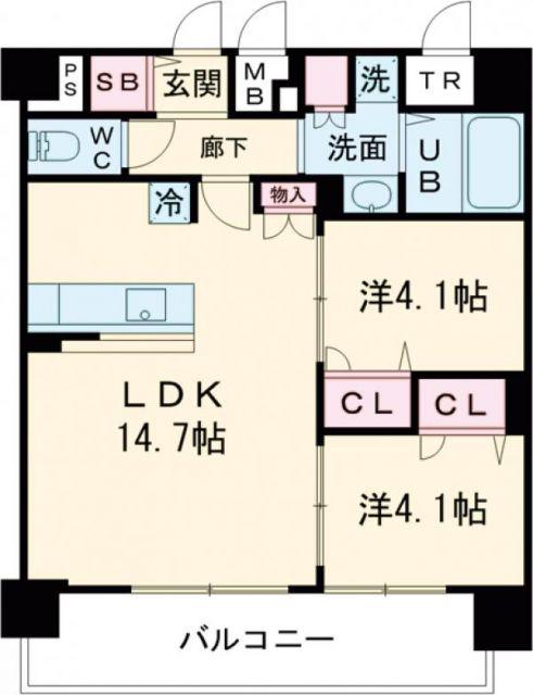 プレリス鶴緑地グランガーデリア(2LDK/14階)の間取り写真