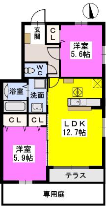 プログレスII A棟(2LDK/1階)の間取り写真