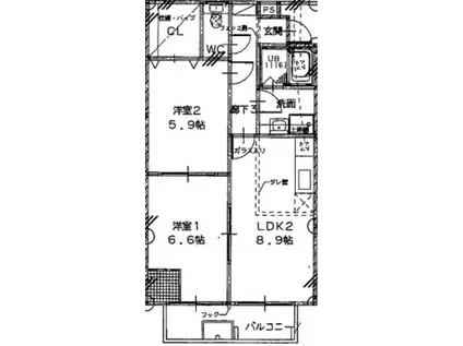 リベルテウィング(2LDK/2階)の間取り写真