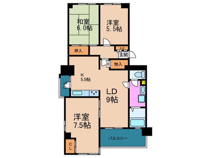 佃第二コーポ4号棟(3LDK/4階)の間取り写真