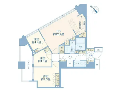 勝どきエリア タワーマンション 高層階 眺望良好(3LDK/21階)の間取り写真