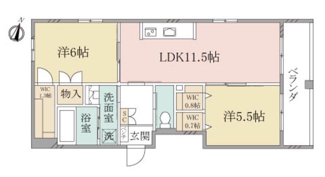 ヘーベルヴィレッジ市ヶ尾東棟CALME イースト(2LDK/1階)の間取り写真