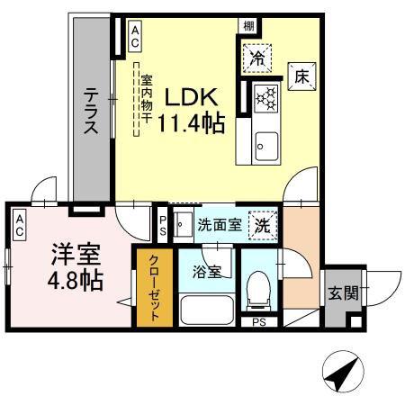 ジェルベーラ東柏ヶ谷(1LDK/1階)の間取り写真