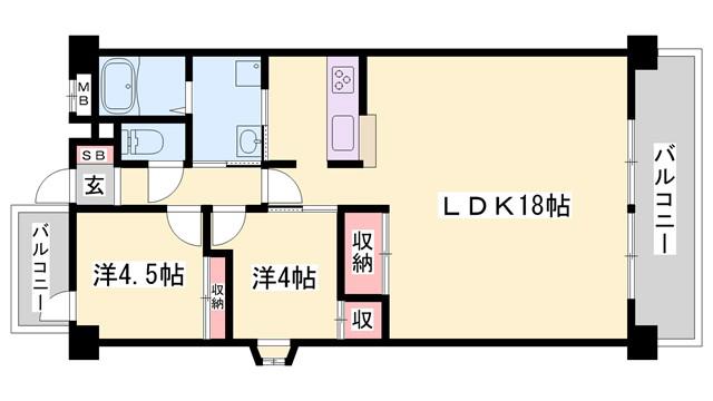 ロゼオ・パラッツォ(2LDK/1階)の間取り写真